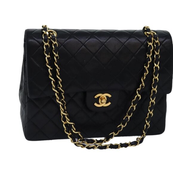 CHANEL Matelasse Turn Lock Chain Shoulder Bag Lamb Skin Black CC Auth yk12470A - Picture 1 of 16